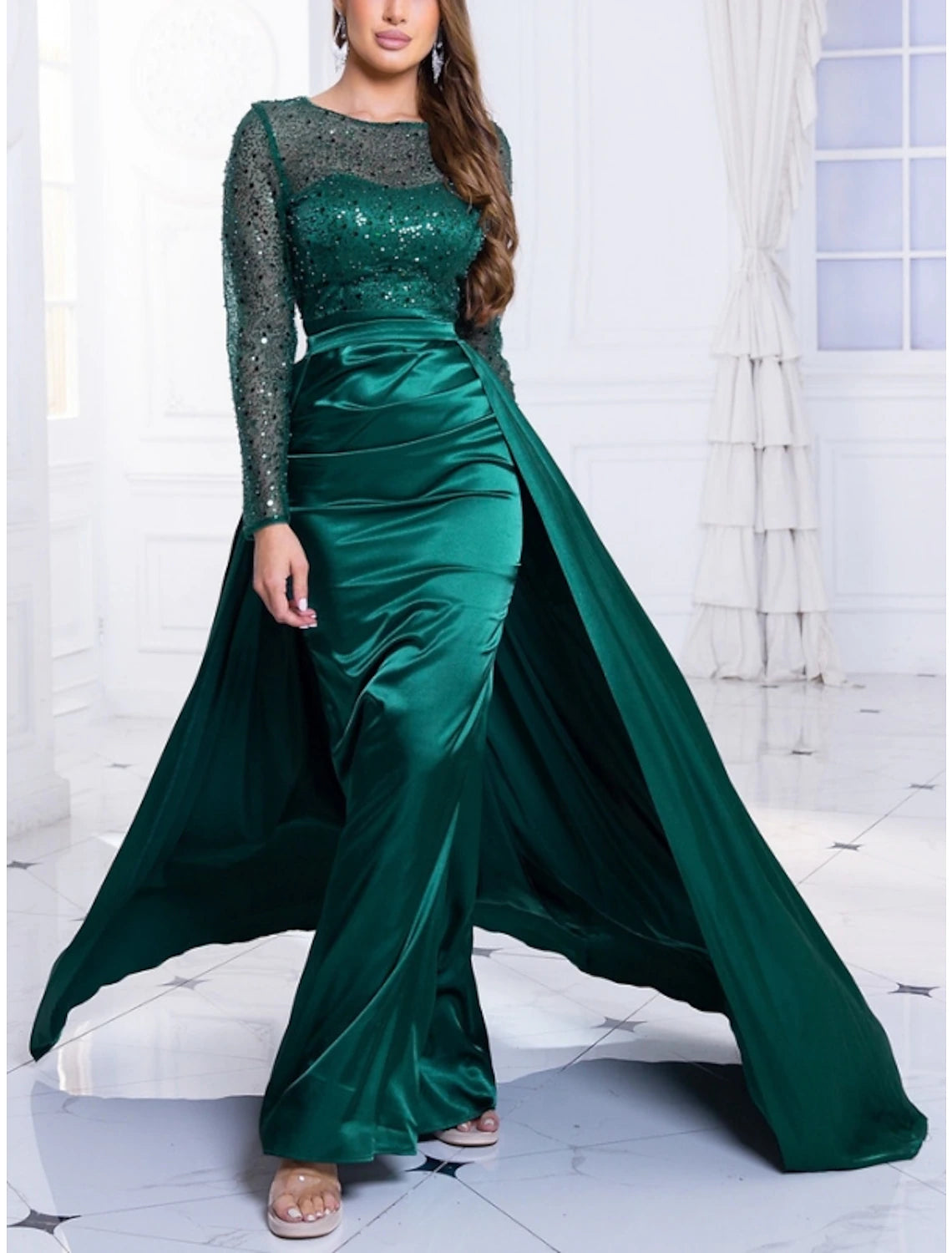 Sheath / Column Evening Gown Elegant Dress Formal Wedding Guest Sweep / Brush Train Long Sleeve Jewel Neck Satin with Ruched Sequin 2025